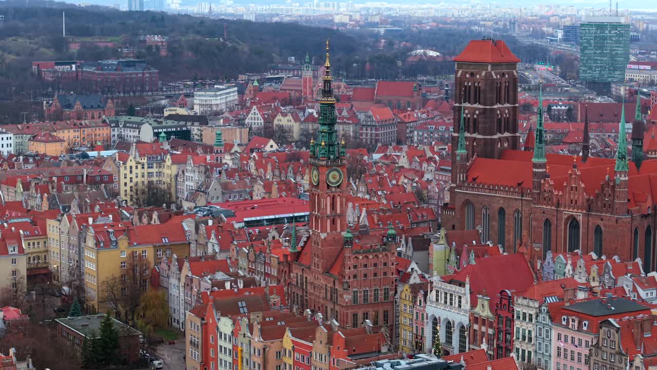 Aerial view of Gdansk Old Town with St. Mary's Church and Main Town Hall in focus