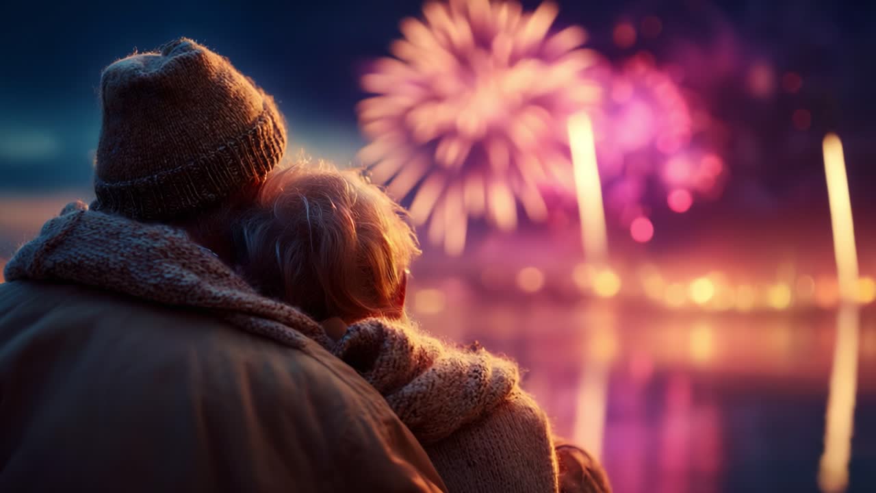 A Heartwarming Celebration: An Elderly Couple Embraces as Vibrant Fireworks Illuminate the Night Sky, Creating a Magical Atmosphere Full of Love and Joyful Memories