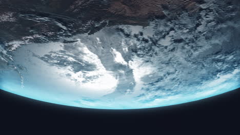 upside down earth from space with earth slowly rotating with bright blue atmosphere on horizon and sea dynamic clouds - 3d animation 4k