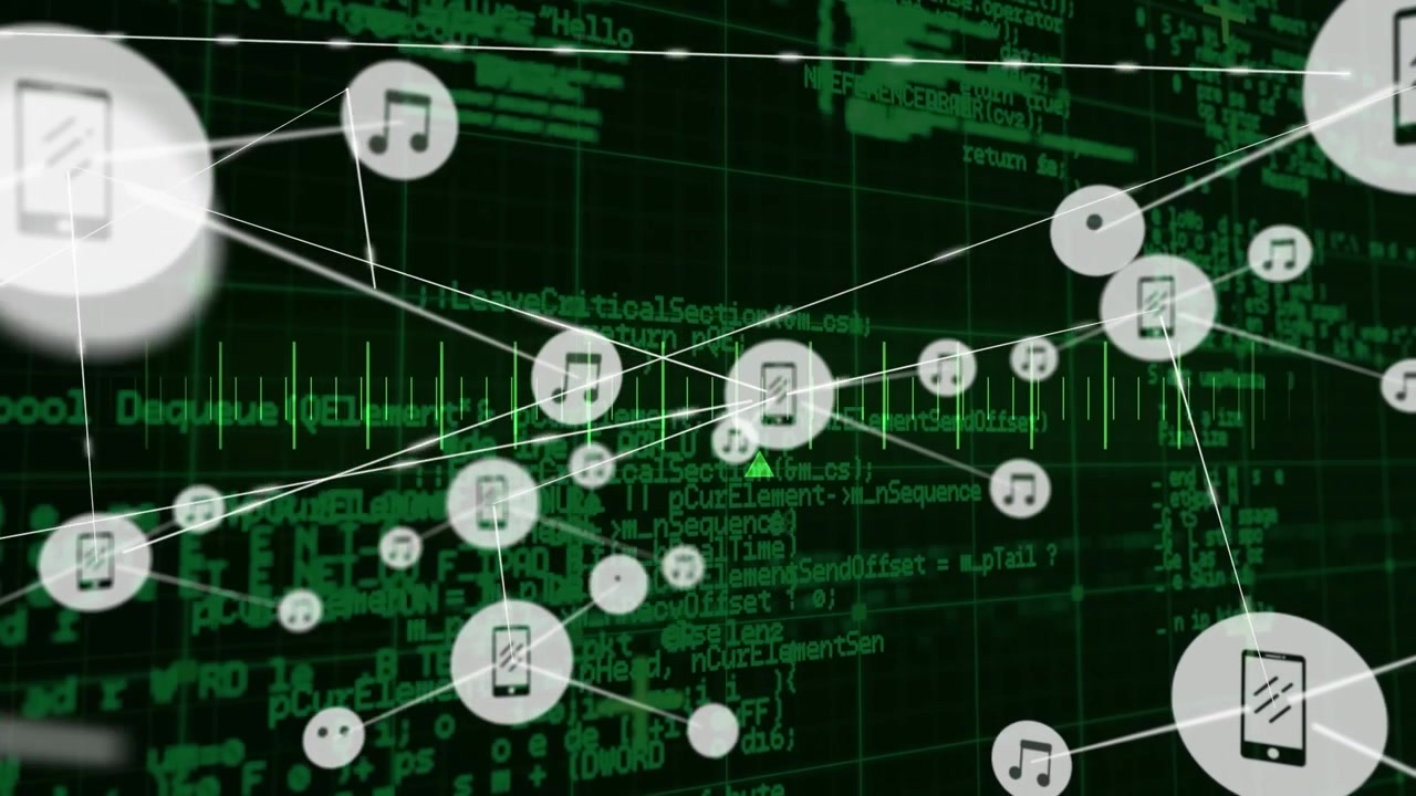 Animation of network of digital icons and scale over data processing against black background