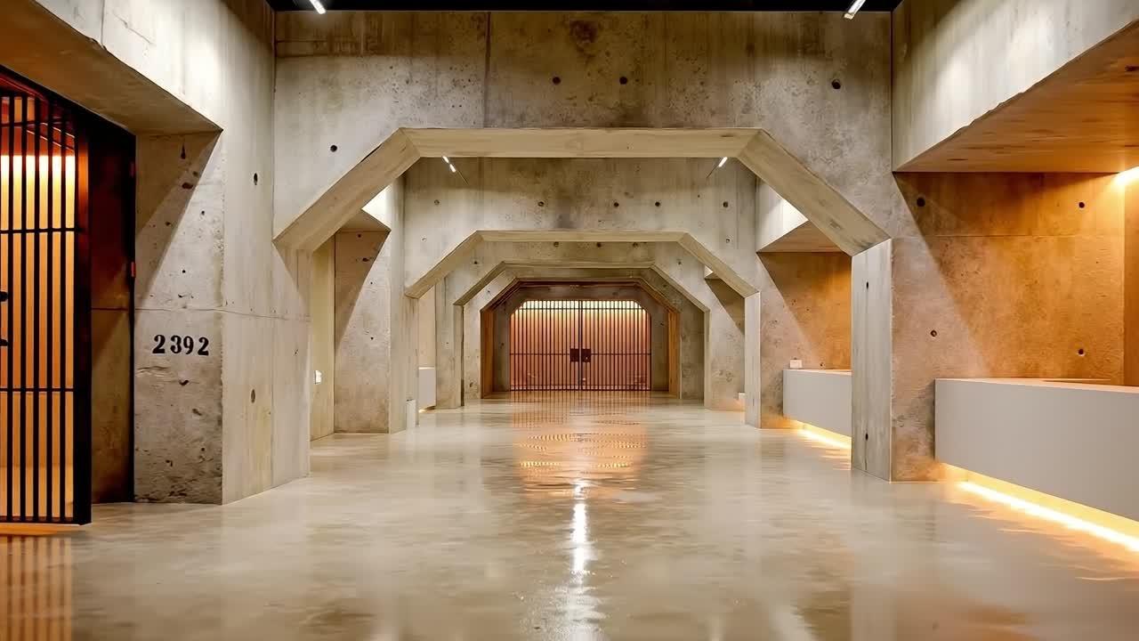 A long hallway with concrete walls and a wooden door