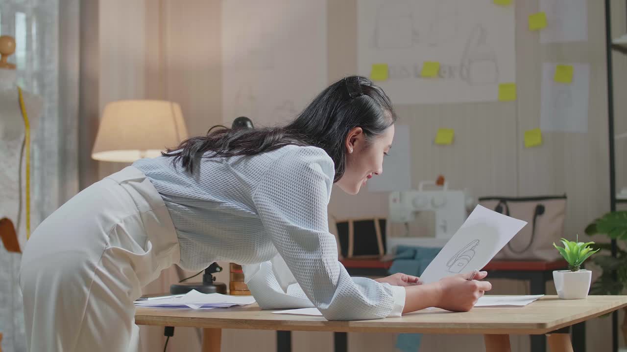 아시아 여성 디자이너의 뒷면은 손 가방을 보면서 머리를 긍정적으로 흔들고 손으로 레이아웃을 스케치합니다.