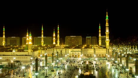 evening time-lapse looking over the al masjid al abawi mosque in medina