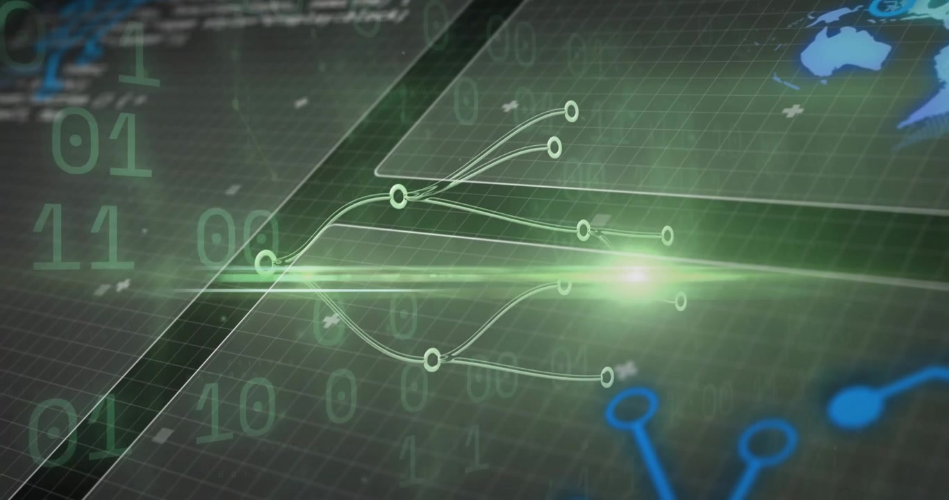 Green beam initiating sweep across grid toward network node, splitting pulses and showing data flow