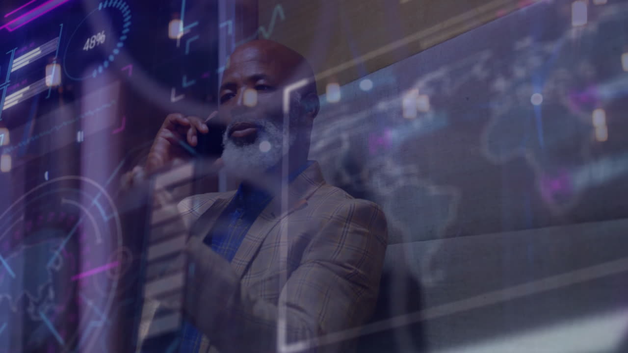 Talking on phone, businessman with animation of financial data and graphs