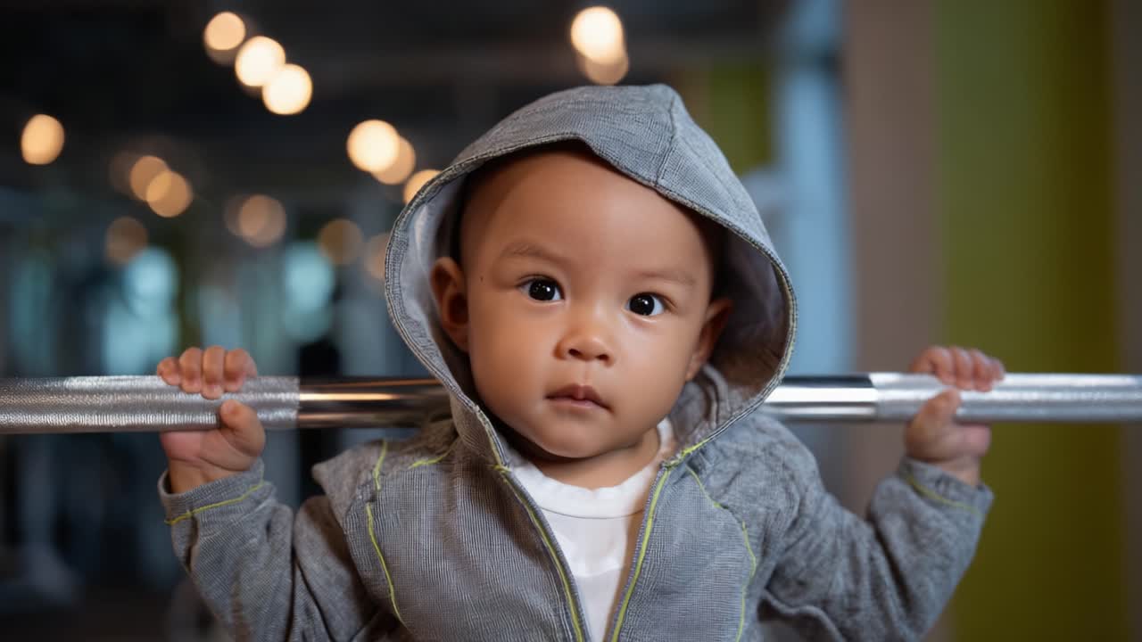 Ein entschlossenes Baby, das im Fitnessstudio eine Hantel stemmt und dabei seine Stärke und sein Selbstvertrauen mit einem stylischen Hoodie und einem konzentrierten Gesichtsausdruck zur Schau stellt