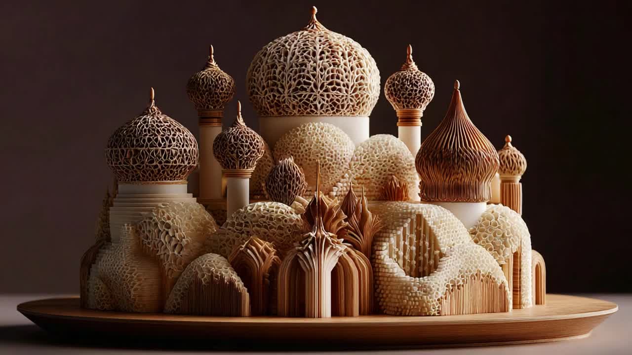 Intricately Crafted Wooden Sculpture of Ornate Buildings and Architectural Elements Showcasing Exquisite Detail and Unique Textures in an Artistic Display