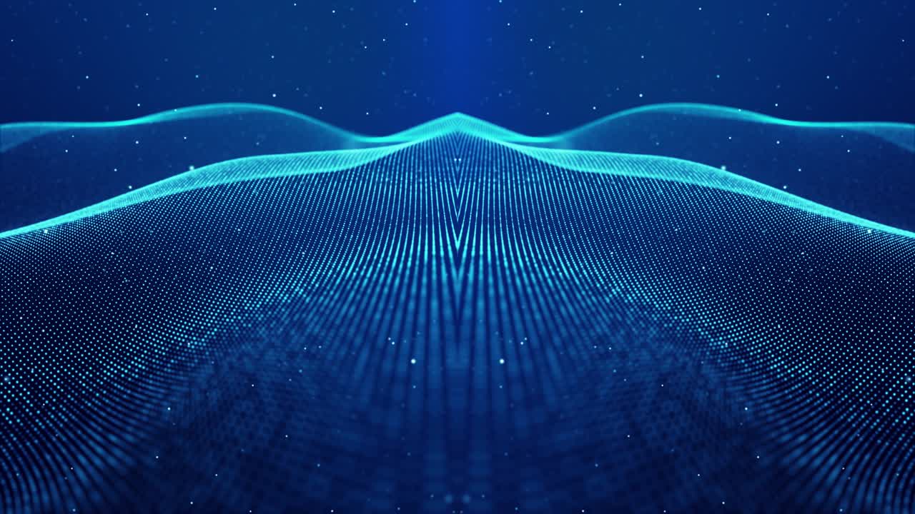 4k 루프 추상 파란색 배경은 반이는 입자가 구부러진 선을 형성하고, 표면은 대칭 구조를 형성합니다.