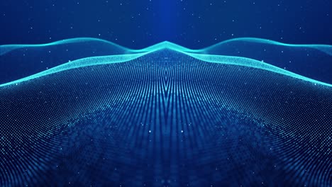 tema abstracto de ciencia ficción con ondas de partículas. fondo azul abstracto en bucle de 4k de partículas de brillo forman líneas curvas, superficies estructuras simétricas. fondo digital con holograma de partículas.