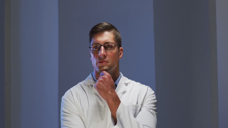 Medico uomo caucasico con gli occhiali che esamina informazioni usando un'interfaccia digitale virtuale