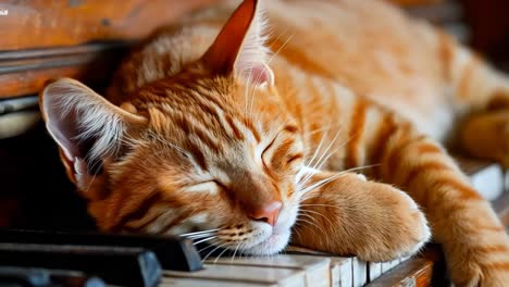 a cat sleeping on top of an old piano keyboard