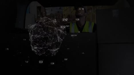 Animation-of-globe-of-connections-over-delivery-man-with-cardboard-box