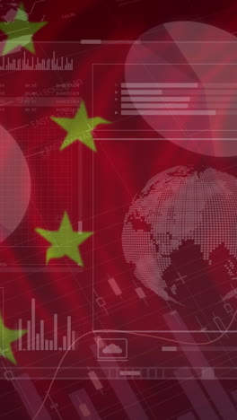 animation of financial data and graphs on screens over flag of china