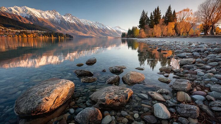Un'Alba Serena su Acque Tranquille: Riflessi Accattivanti e Splendidi Colori Autunnali Sulla Riva del Lago Circondata da Montagne Maestose