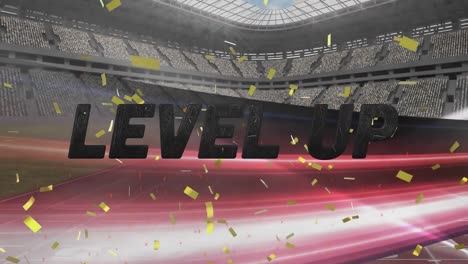 animation of the words level up with gold confetti falling over sports stadium with red blur