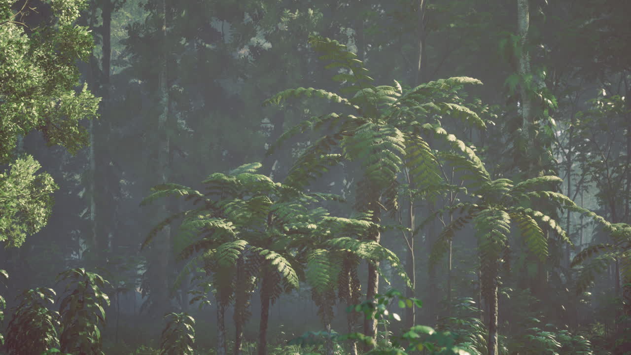 Lush green ferns in a dense tropical forest during early morning light