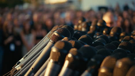a large array of microphones in the foreground with a blurred crowd of people in the background at an outdoor event