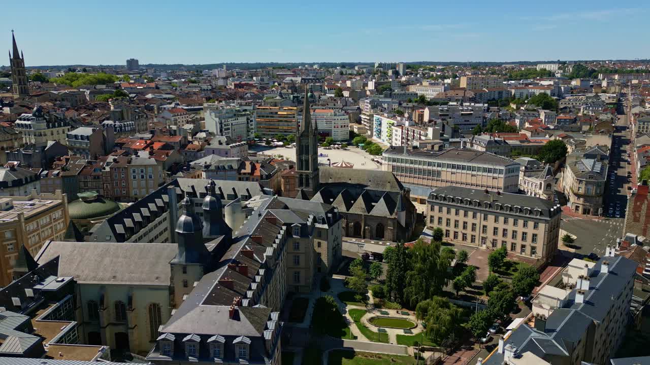 Wide aerial establishing Limoges showing Saint Pierre and distant Saint-Michel-des-Lions dome
