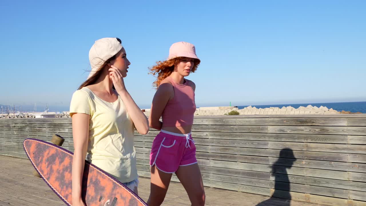 Two young women walking with a skateboard by the beach on a sunny day