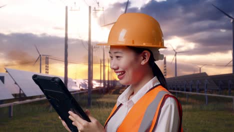 close up side view of asian female engineer with safety helmet working on a tablet with solar panel and wind turbines