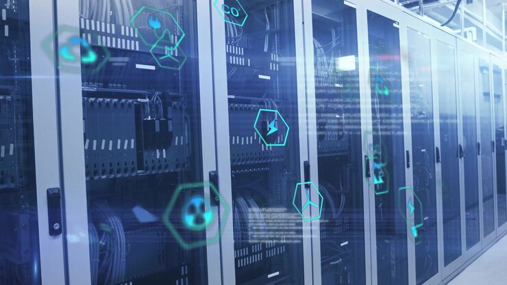 Left focus starting camera panning right along glass racks teal hex icons pulsing showing data flow