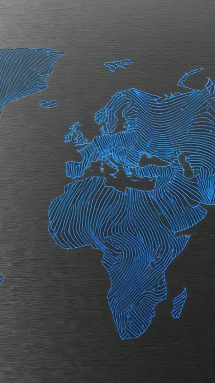 Vertical video: On boot glint sweeping across neon Europe–Africa map on metal panel, with plane