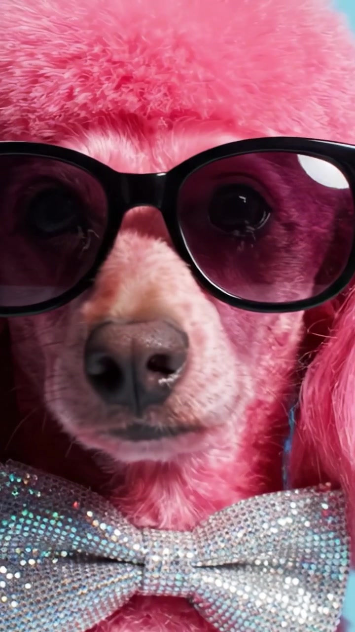 Un elegante barboncino rosa che indossa occhiali da sole e un papillon scintillante, emanando fascino e giocosità in un ambiente luminoso e colorato.