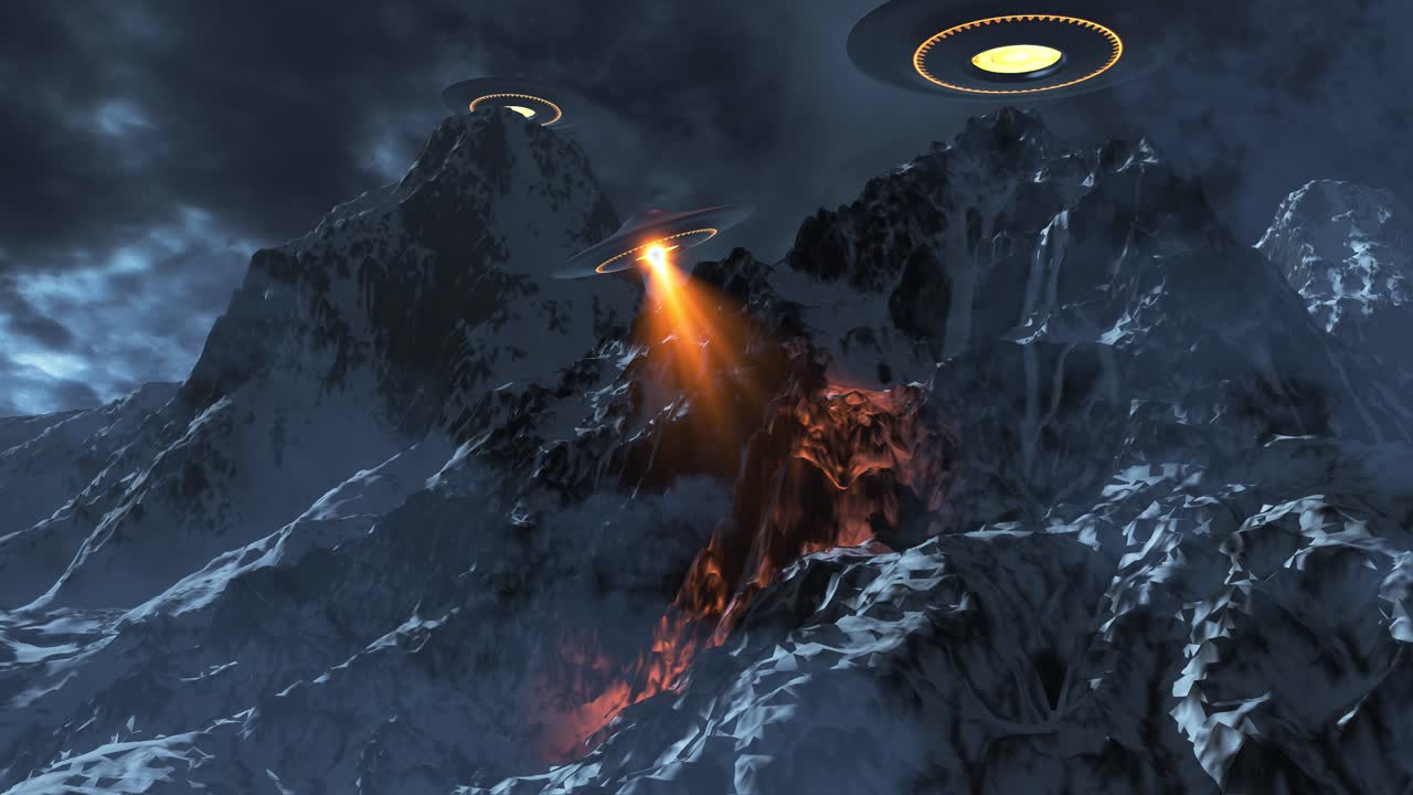 UFOs over snowy mountains at night