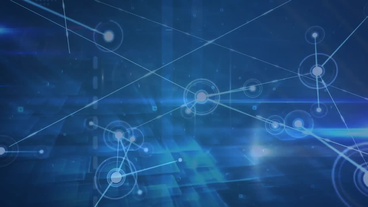 animación de la red de conexiones sobre formas cuadradas contra un fondo azul