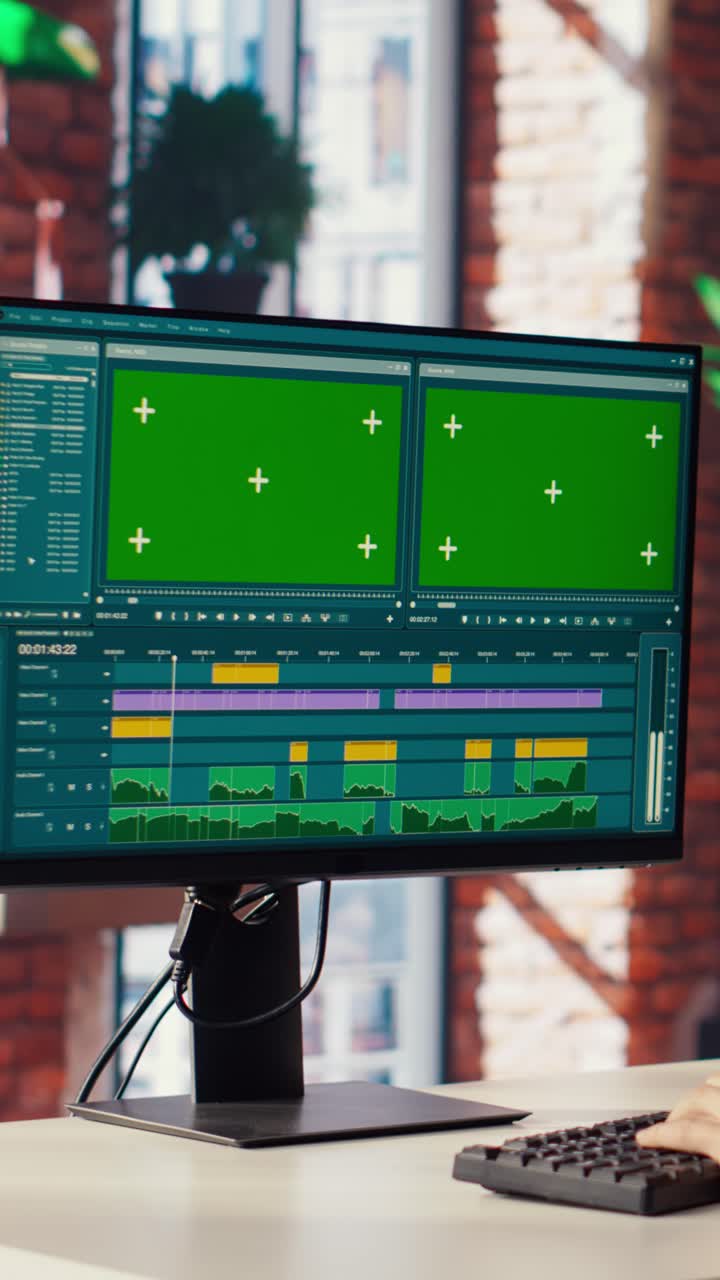 Vertical video Videographer professionally adjusting clips using mockup PC monitor
