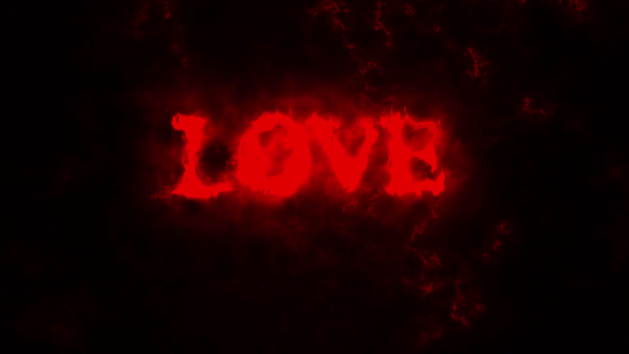 불타는 배경에 불타는 은 불로 쓰여진 '사랑'이라는 단어