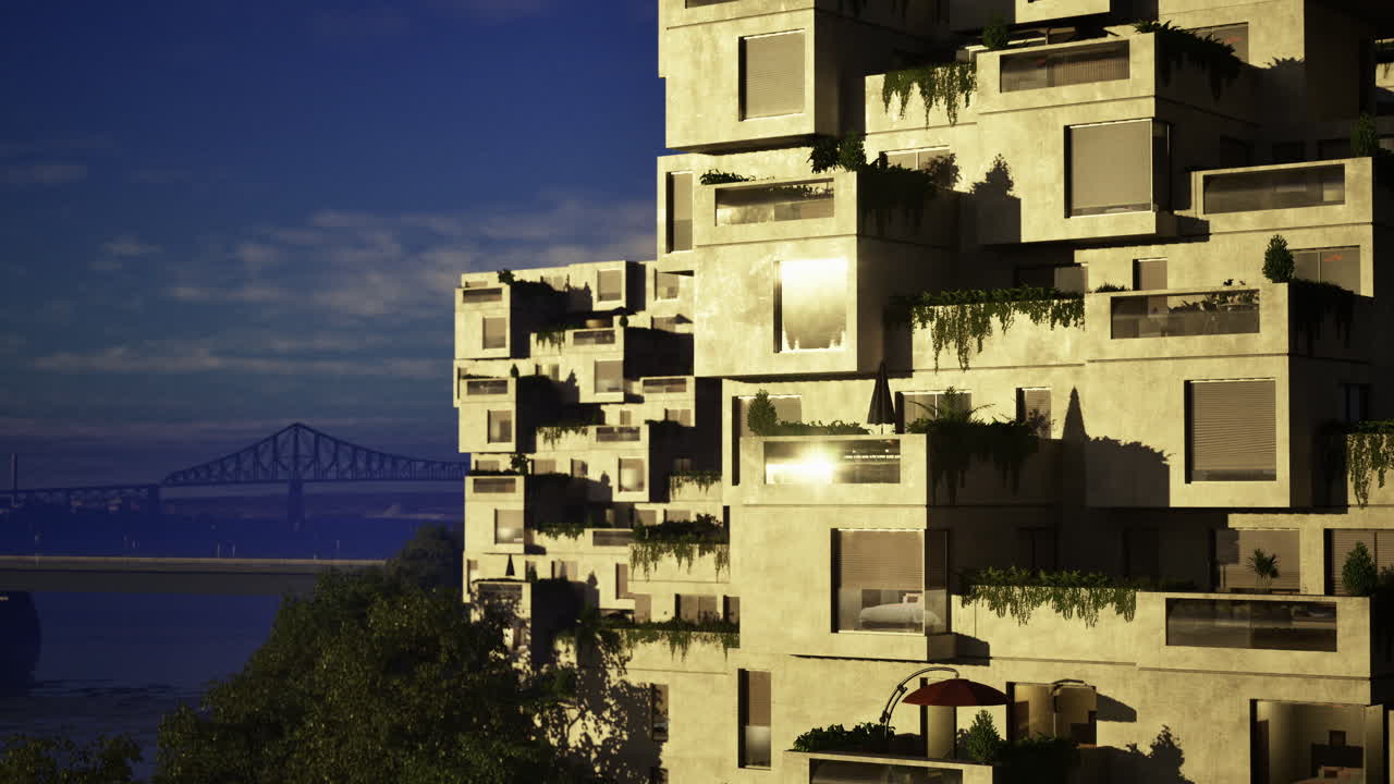 Brightly lit contemporary residential buildings feature greenery on balconies