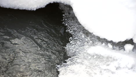 time-lapse of a flowing stream with frozen ice covered sides and ice on the water