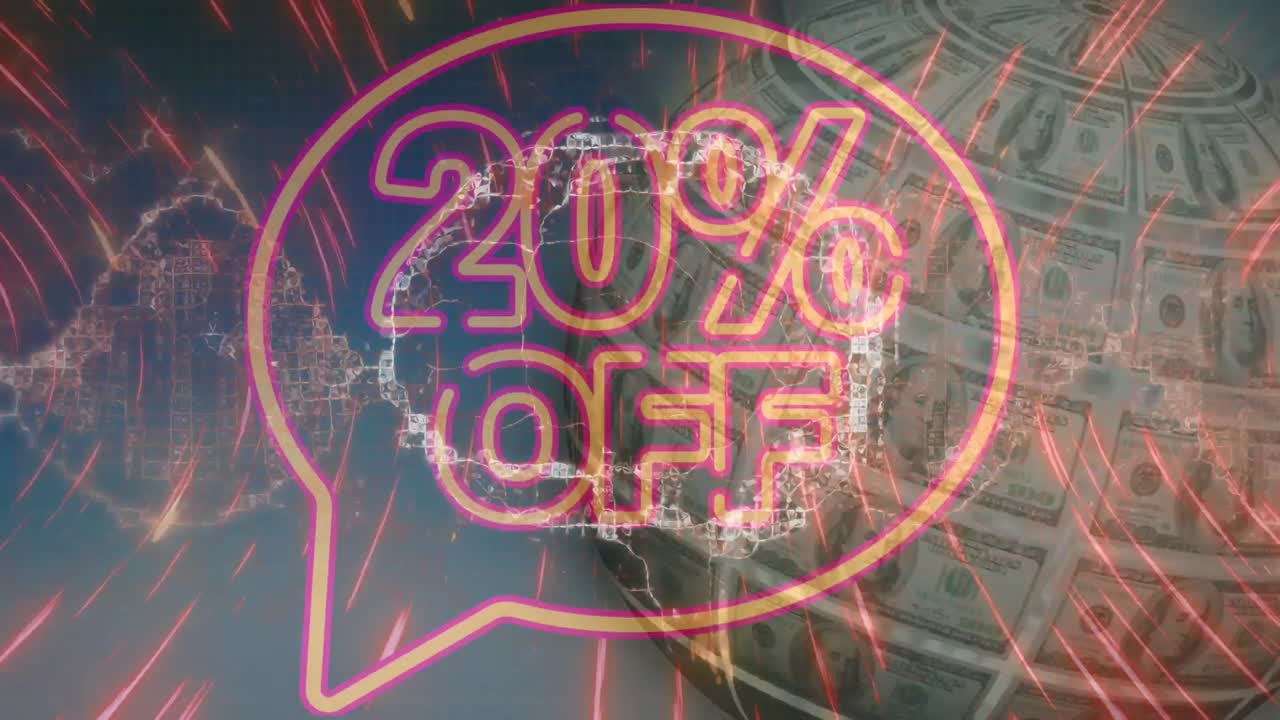 animación billetes de dólar estadounidense globo con cerebro humano y texto de ventas en el fondo