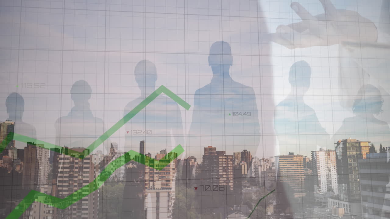 animación de líneas verdes y procesamiento de datos financieros sobre la ciudad