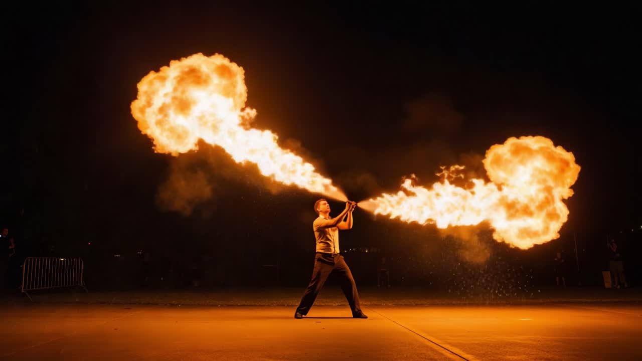 Spectacular Fire Breathing Performance Captivates Audience with Dramatic Flames and Skillful Maneuvers, Showcasing the Art of Fire Dancing at Night