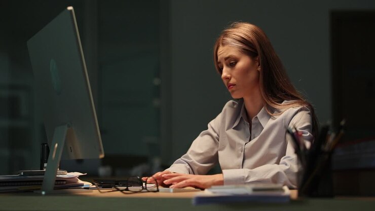 Giovane donna che lavora fino a tardi al computer in un ufficio in penombra