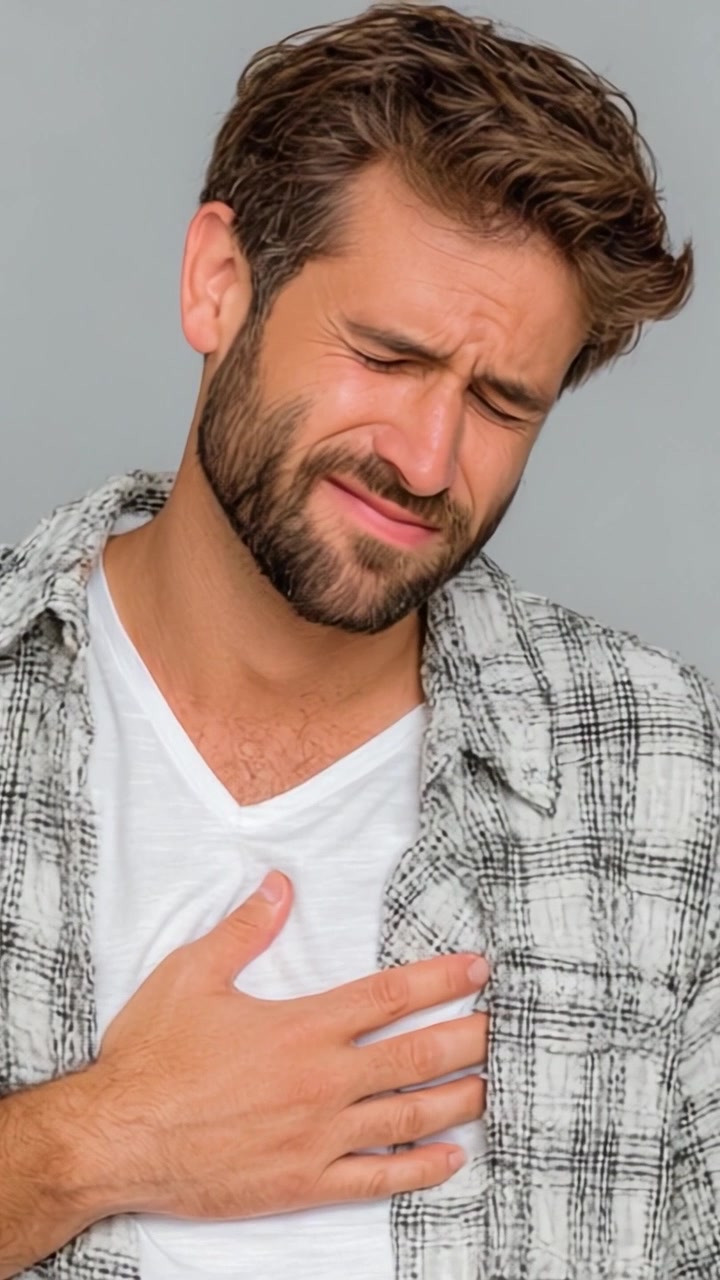 Un hombre expresando malestar o dolor mientras se lleva la mano al pecho, mostrando una fuerte respuesta emocional en un momento sincero de vulnerabilidad