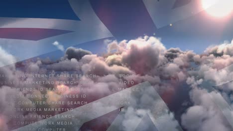 animation of text and uk flag over clouds and sky