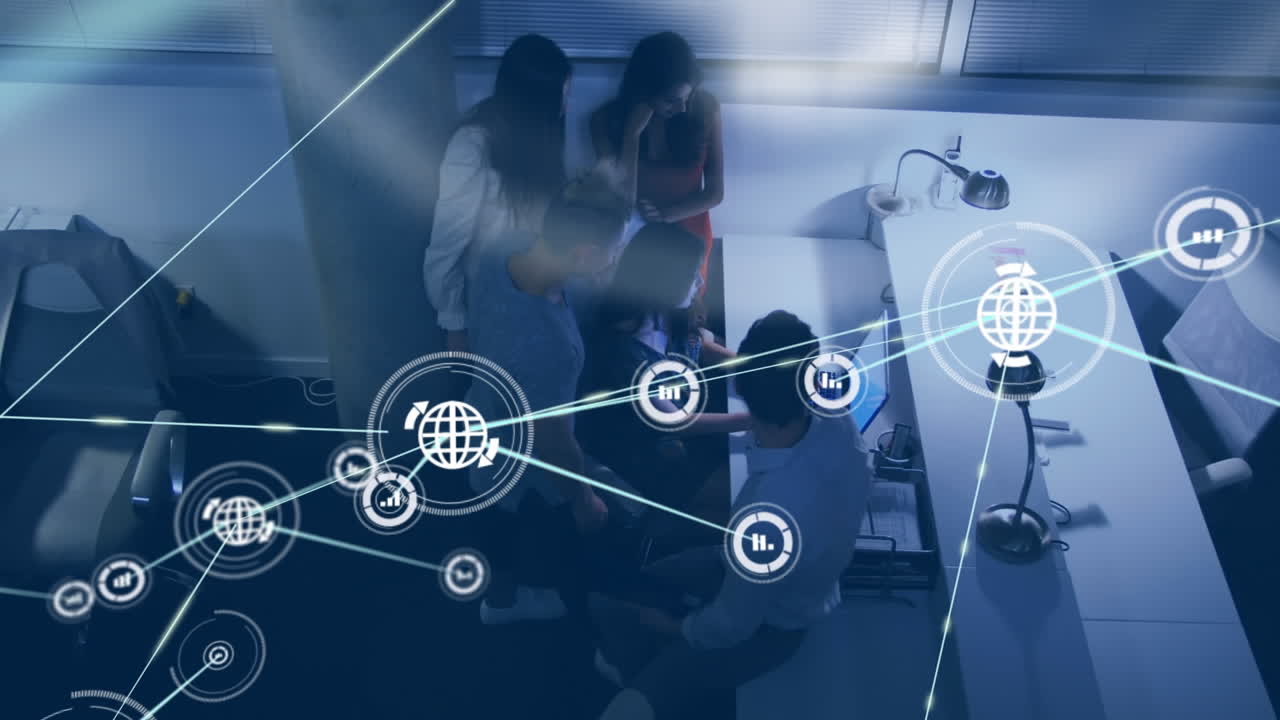 디지털 아이콘 네트워크의 애니메이션과 사무실에서 토론하는 다양한 동료의 오버헤드 뷰