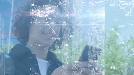 animation of globe of connections and data processing over caucasian man using smartphone