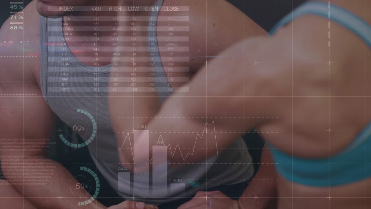 Workout partners raising arms and holding flex in gym, HUD charts animating over arms showing data