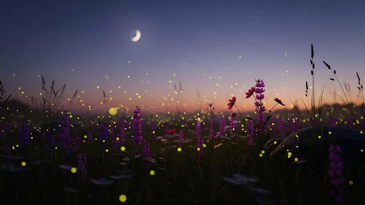 A Tranquil Dusk: Enchanting Field of Wildflowers Illuminated by Fireflies Beneath a Crescent Moon and Starry Sky, Capturing Nature's Magical Beauty and Serenity