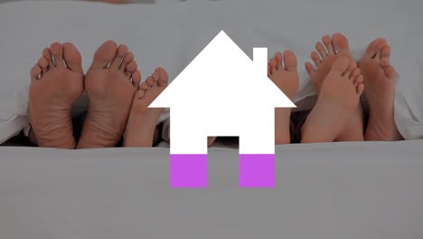 feet in bed and house icon filling in pink