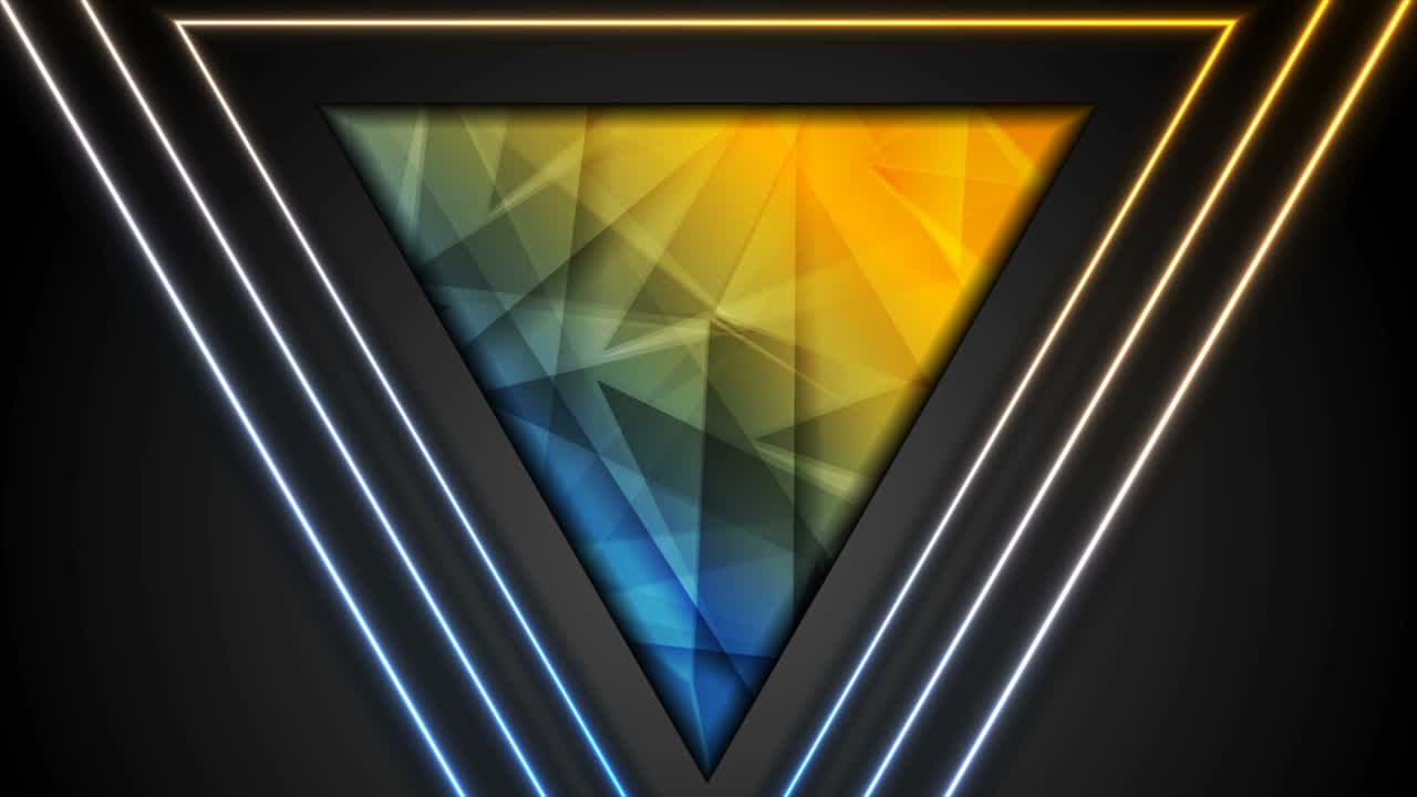 Bright low poly tech motion background with glowing neon triangles