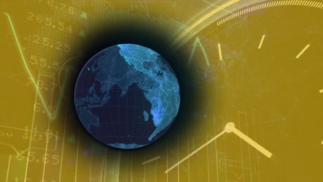 Animación-Del-Globo-Terráqueo-Y-El-Tictac-Del-Reloj-Contra-El-Procesamiento-De-Datos-Del-Mercado-De-Valores-Sobre-Fondo-Amarillo