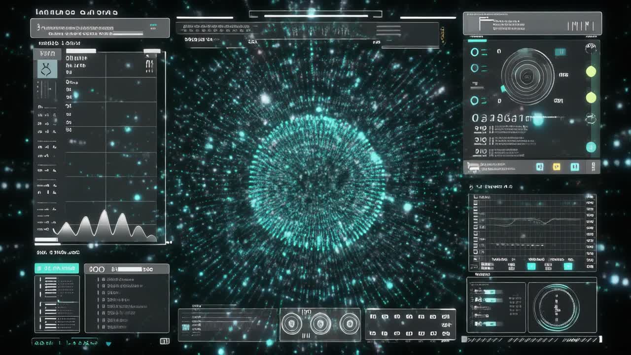 Futuristic Digital Interface with Glowing Particle Sphere