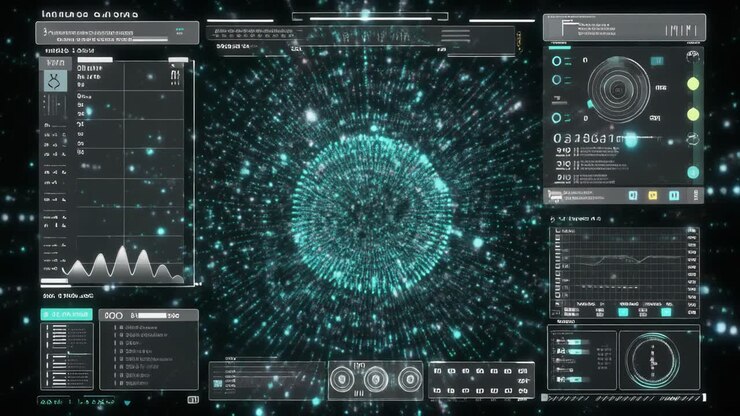 Antarmuka Digital Futuristik dengan Bola Partikel Bercahaya.