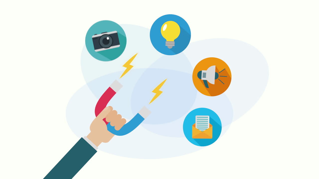 hand with magnet and social media marketing animation