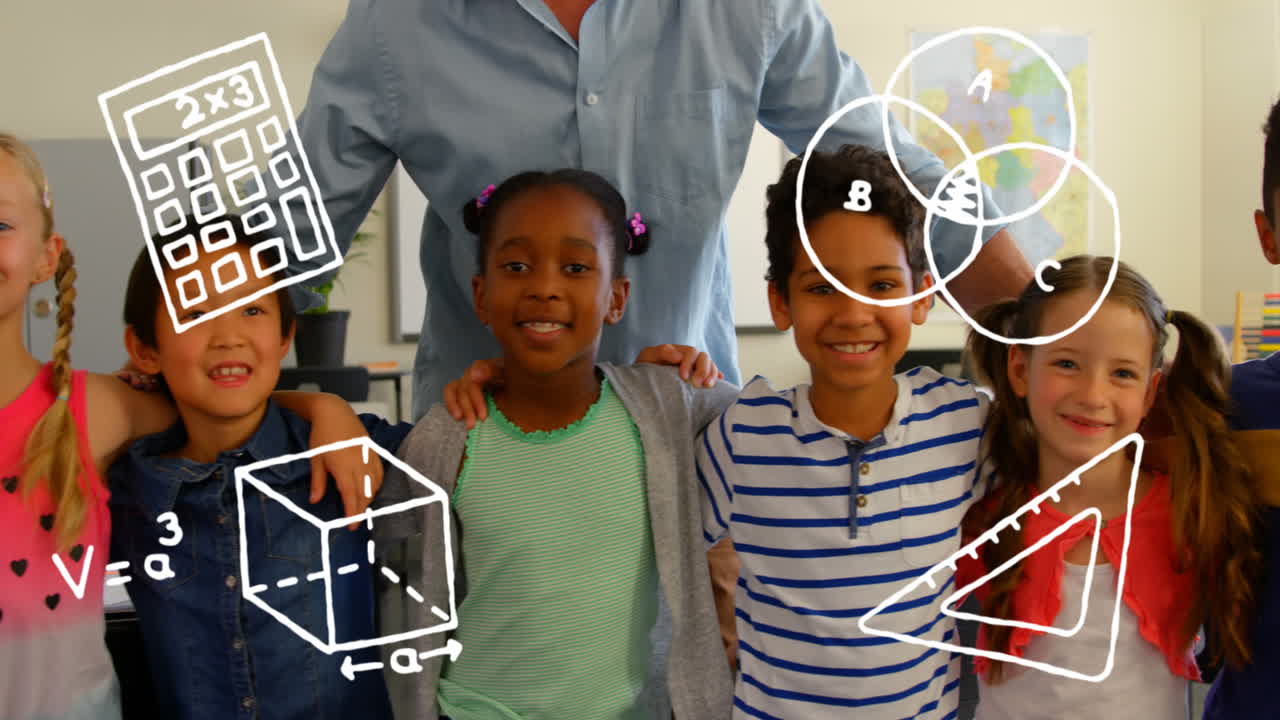 Animation of school icons over diverse schoolchildren